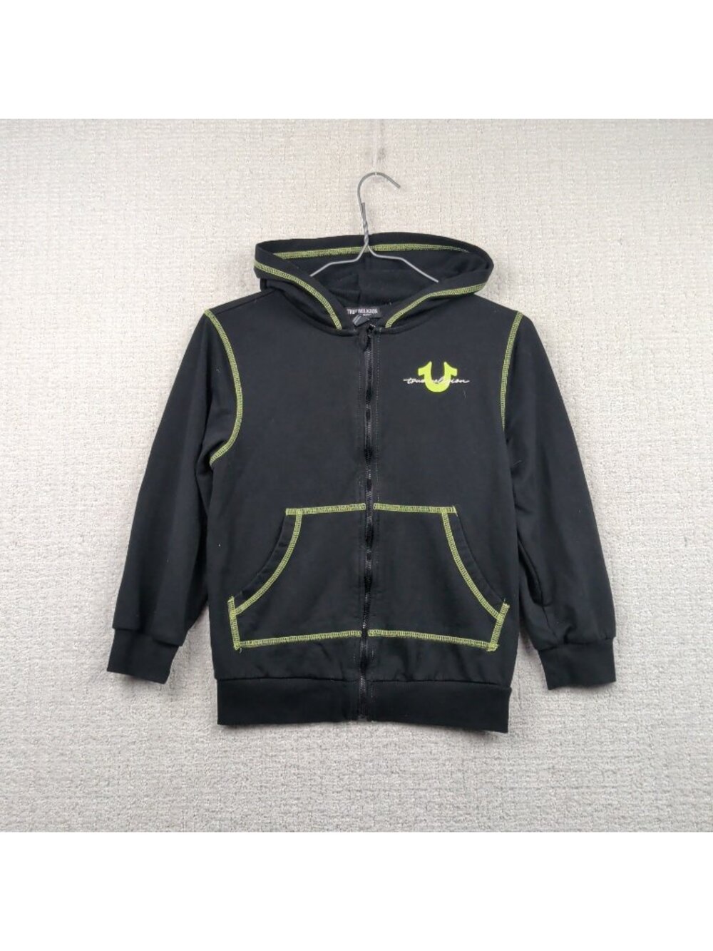 True Religion Hoodie Youth Size M 10/12 Black / Neon Green Full Zip Active